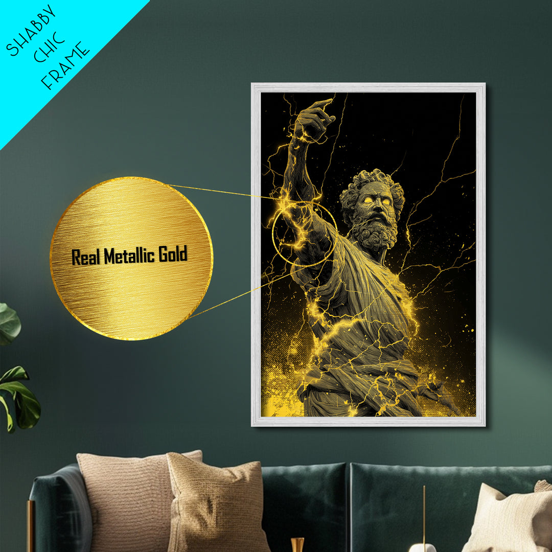Lightning God Metallic Gold Art, Powerful Zeus Wall Print, Mythology Inspired Decor, Ancient Greek Metal Artwork, Real Wood Frame