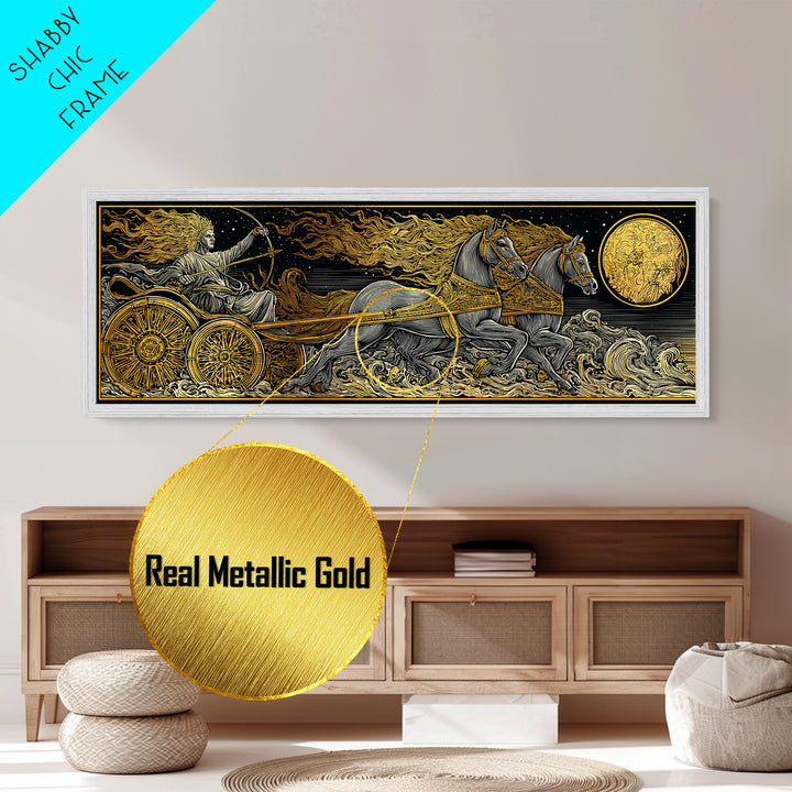 Sun God Chariot, Mythological Horses And Flames Wall Decor, Metallic Gold Metal Print, Real Wood Framed Art