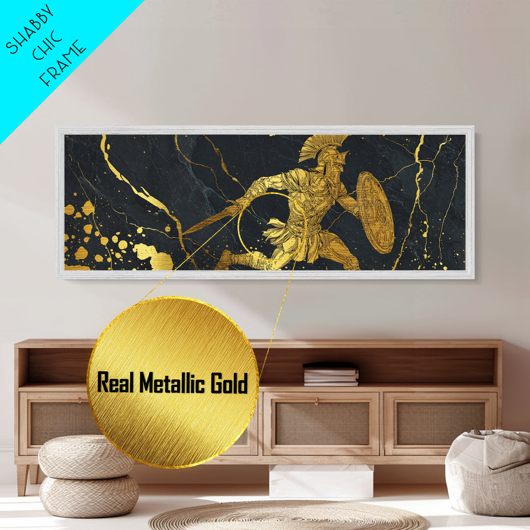Spartan Warrior With Sword And Shield, Ancient Greek Mythology Wall Decor, Metallic Gold Metal Print, Real Wood Frame