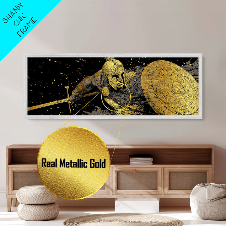 Ornate Spartan Warrior With Shield And Sword, Ancient Battle Scene Artwork, Metallic Gold Metal Print, Real Wood Frame
