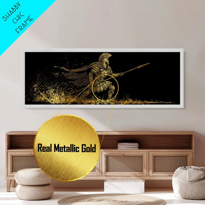 Spartan Warrior With Flowing Cape And Spear, Ancient Greek Mythology Decor, Metallic Gold Metal Print, Real Wood Frame