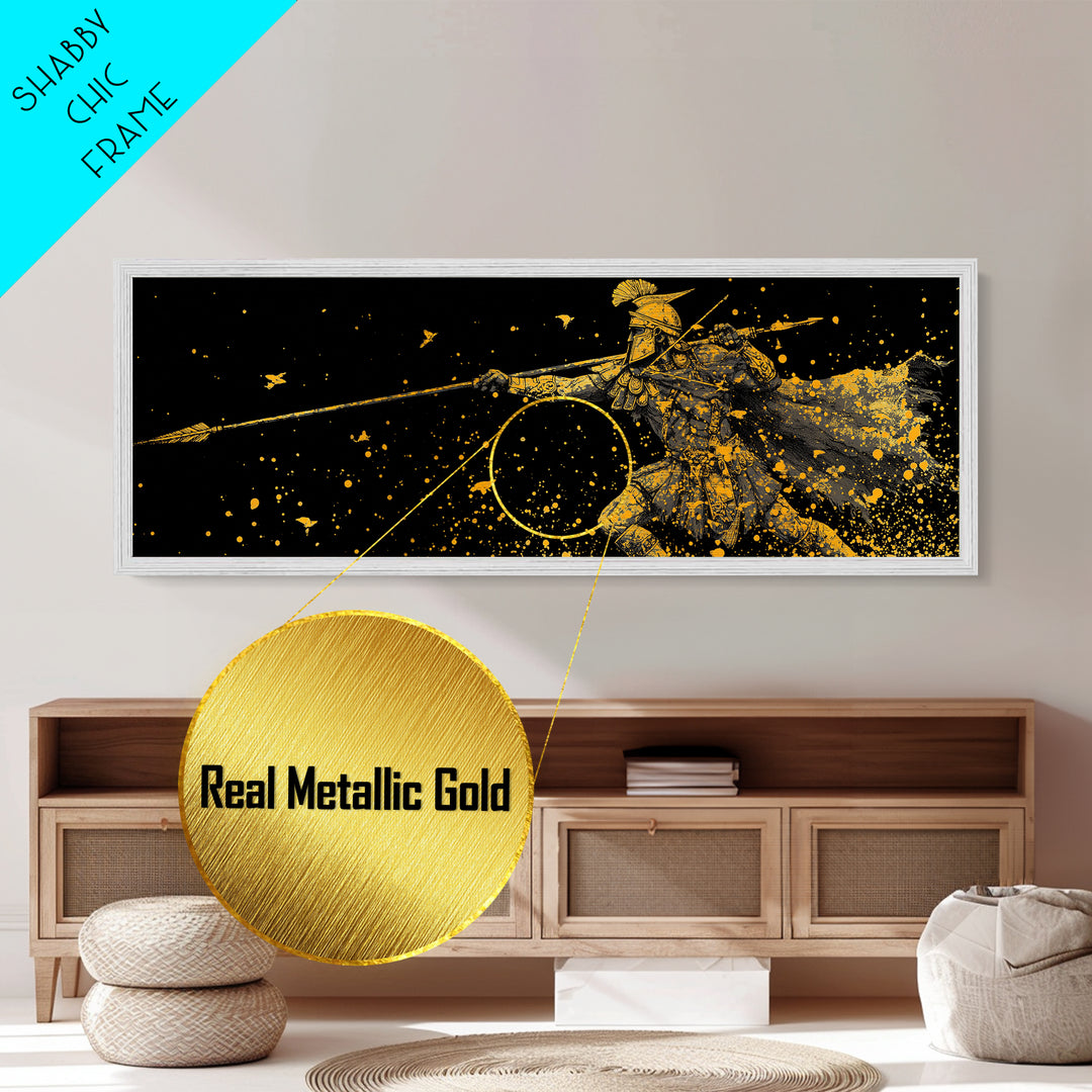 Greek Warrior Throwing Spear In Battle, Ancient Spartan Hero Wall Art, Metallic Gold Metal Print, Real Wood Frame