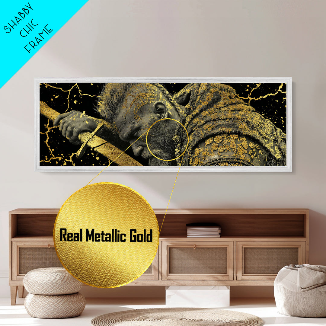 Viking Warrior With Sword And Runes, Mythological Hero Artwork, Metallic Gold Metal Print, Real Wood Frame