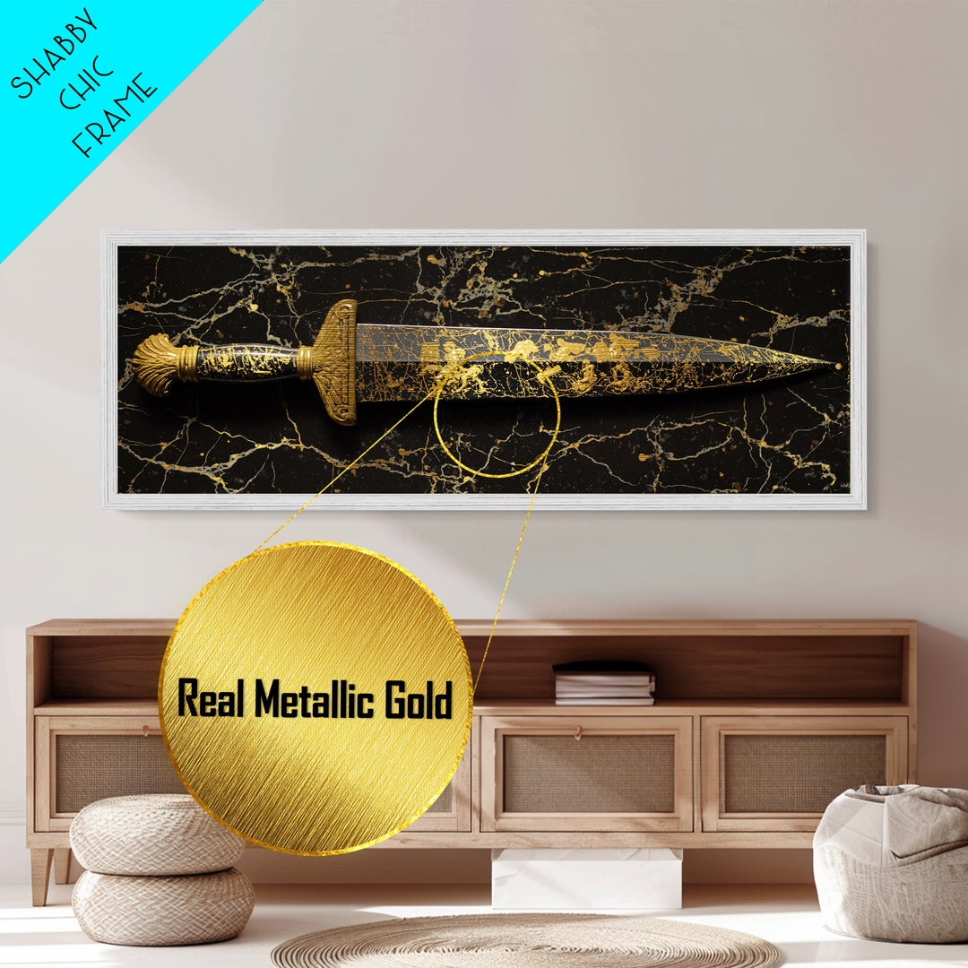 Ancient Greek Sword Engraved With Mythology, Decorative Heroic Weapon Artwork, Metallic Gold Metal Print, Real Wood Frame