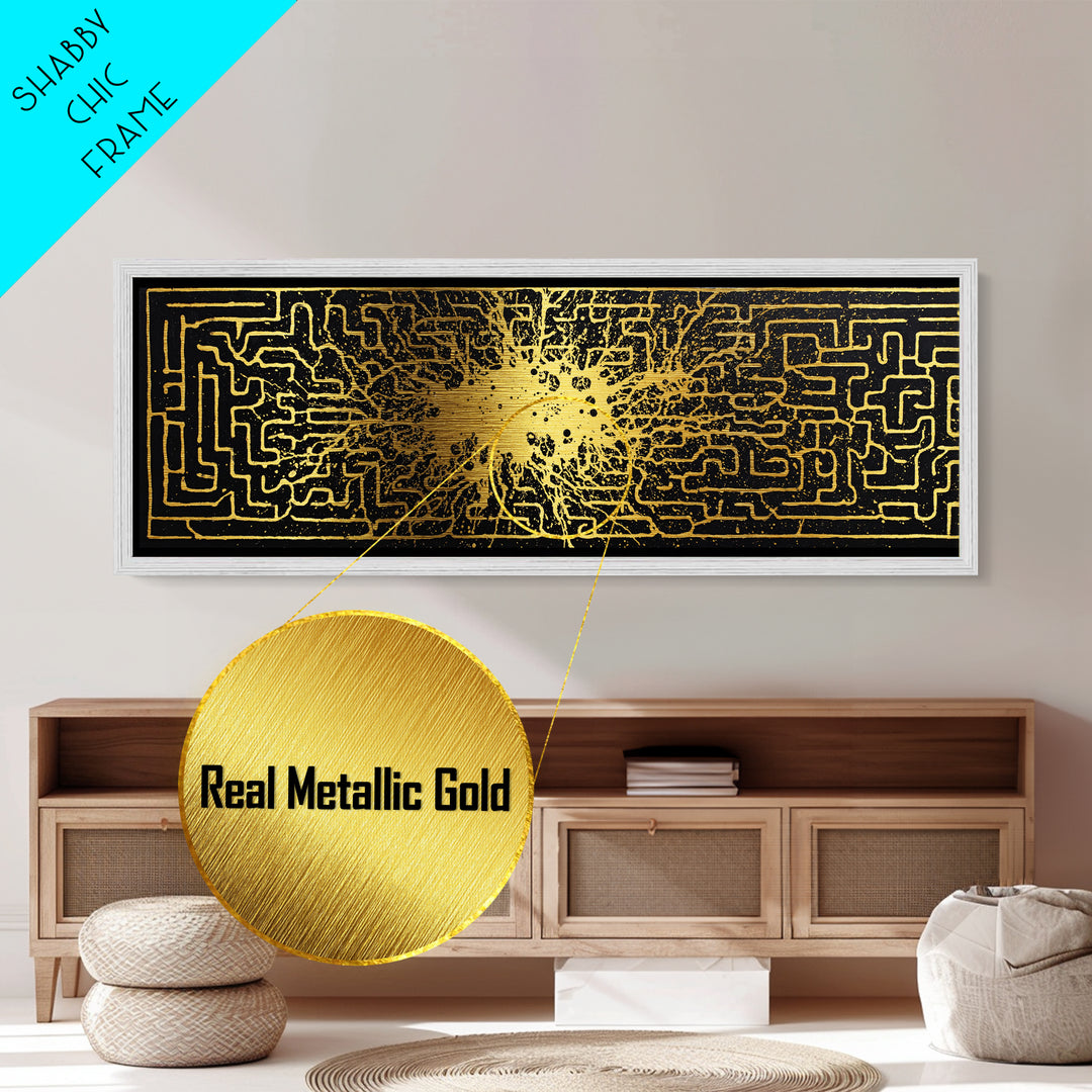 Intricate Labyrinth Pattern Artwork, Mythological Maze Wall Decor, Metallic Gold Metal Print, Real Wood Frame
