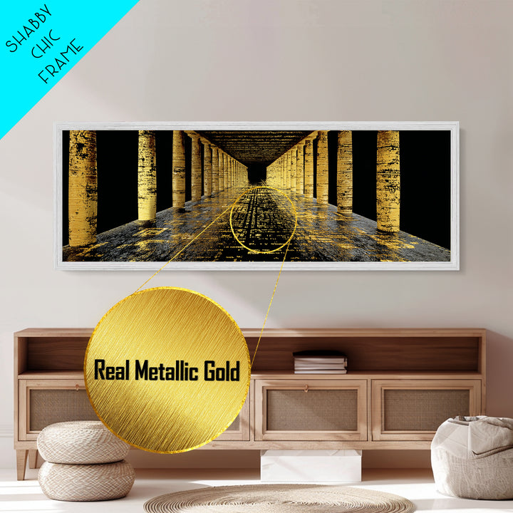Endless Golden Pillars Corridor, Ancient Greek Architecture Metallic Gold Metal Print, Mythology Wall Art, Real Wood Frame
