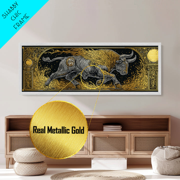 Fiery Bull Of Mythology, Charging Beast Symbol Of Strength, Metallic Gold Metal Print, Real Wood Frame Wall Artwork