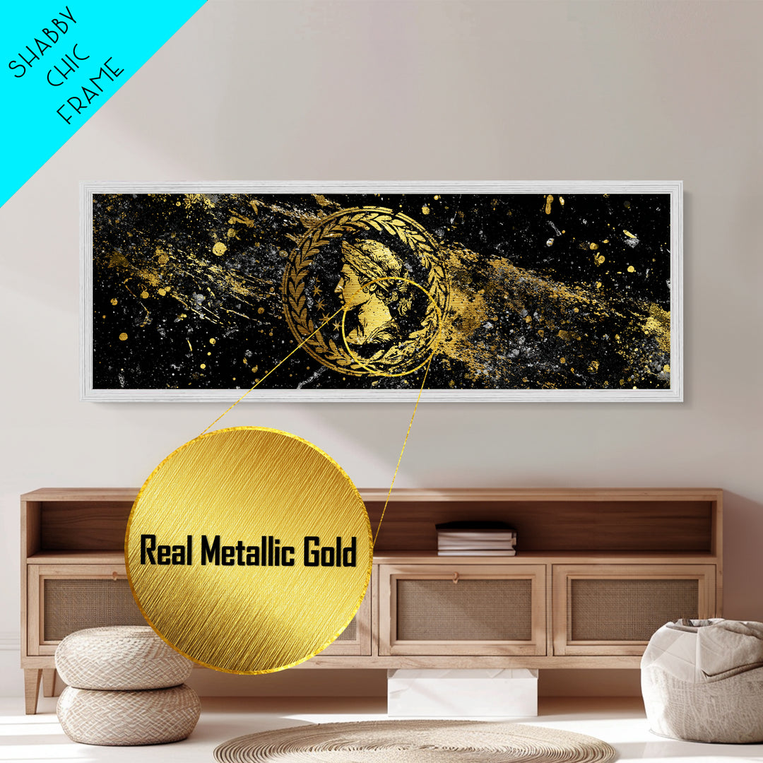 Roman Coin Inspired Portrait, Classical Ancient Empire Wall Artwork, Metallic Gold Metal Print, Real Wood Frame Art
