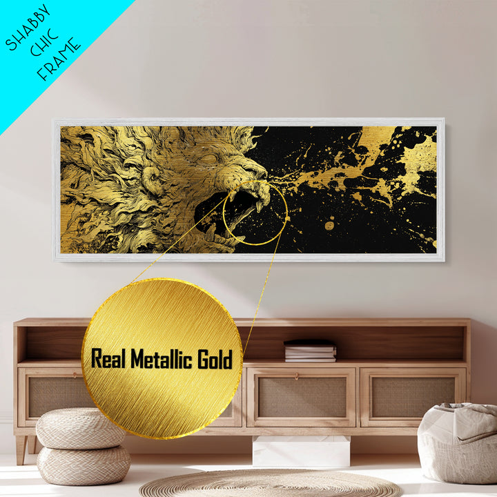 Roaring Lion Of Mythology, Fierce King Of Beasts Ancient Artwork, Metallic Gold Metal Print, Real Wood Frame Wall Decor