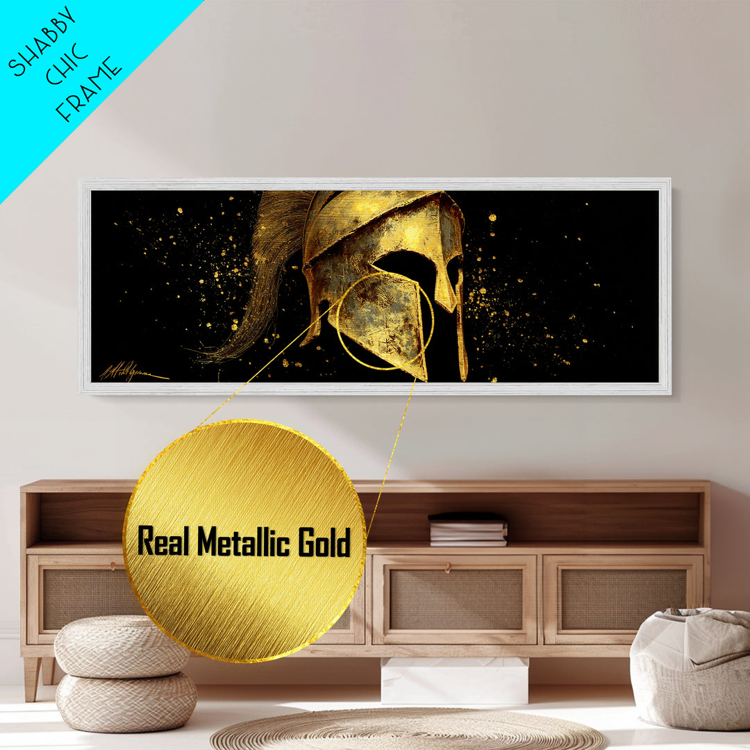 Spartan Warrior Helmet, Ancient Greek Armor Mythological Artwork, Metallic Gold Metal Print, Real Wood Frame Wall Art