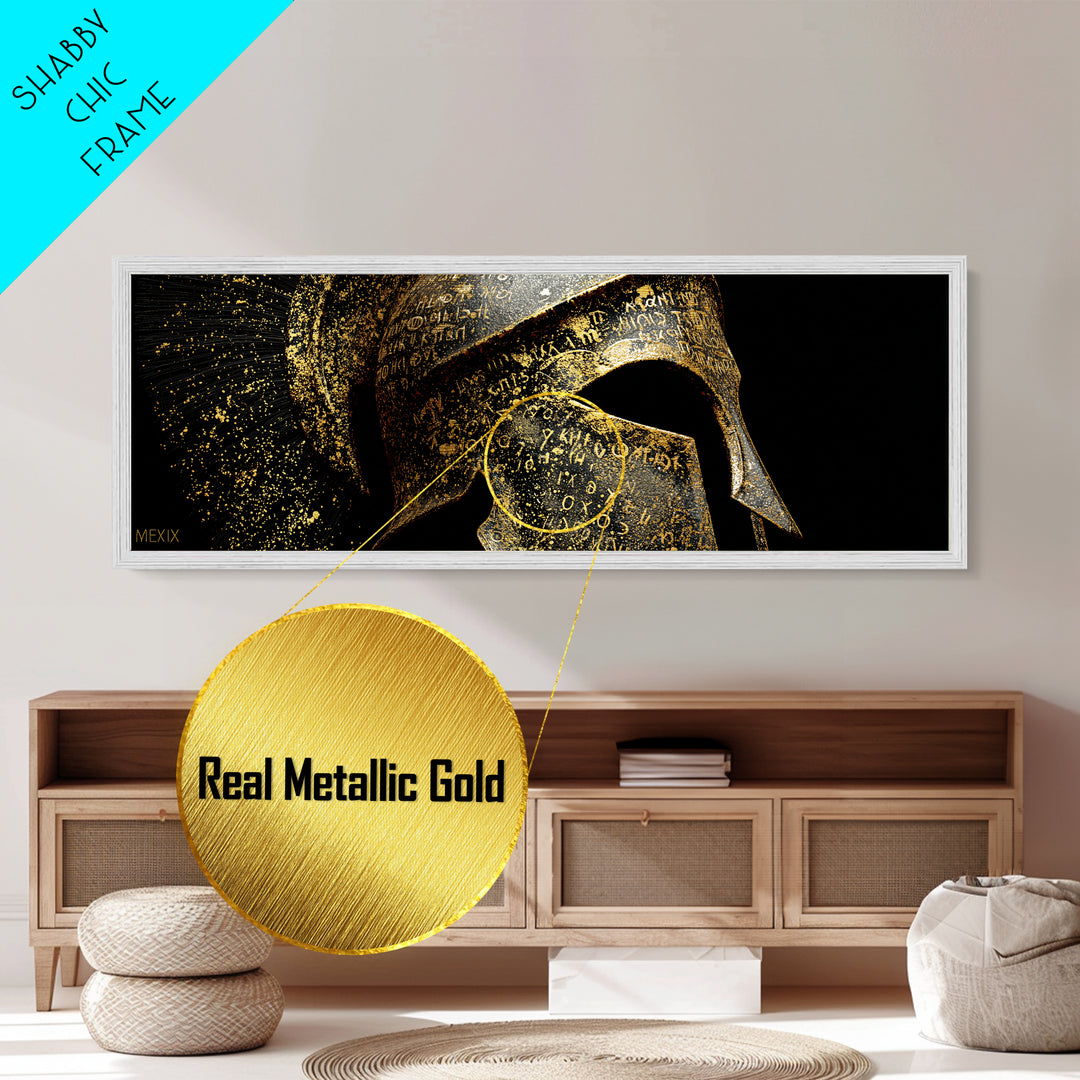 Spartan Helmet Close Up, Ancient Greek Warrior Armor Wall Decor, Metallic Gold Metal Print, Real Wood Frame