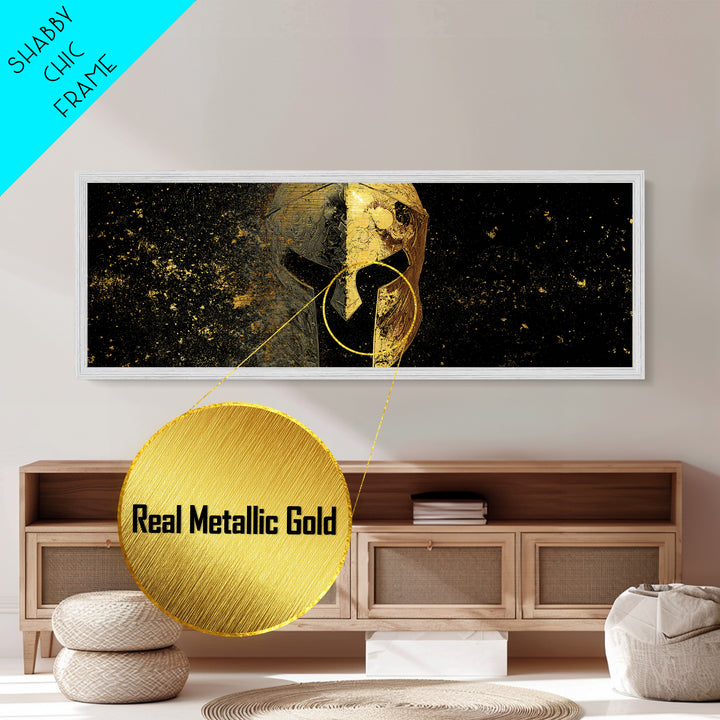 Half Face Spartan Helmet, Ornate Warrior Armor Greek Mythology Artwork, Metallic Gold Metal Print, Real Wood Frame Wall Art