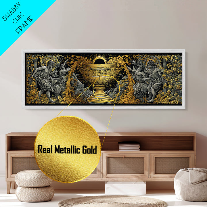Ancient Chalice Of Gods, Mythological Cup With Figures And Flowing Design, Metallic Gold Metal Print, Real Wood Frame Artwork