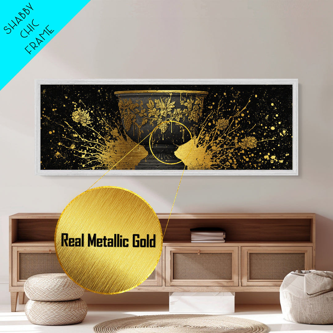 Grapevine Chalice Artwork, Classical Mythological Cup Decorative Wall Design, Metallic Gold Metal Print, Real Wood Frame Wall Art
