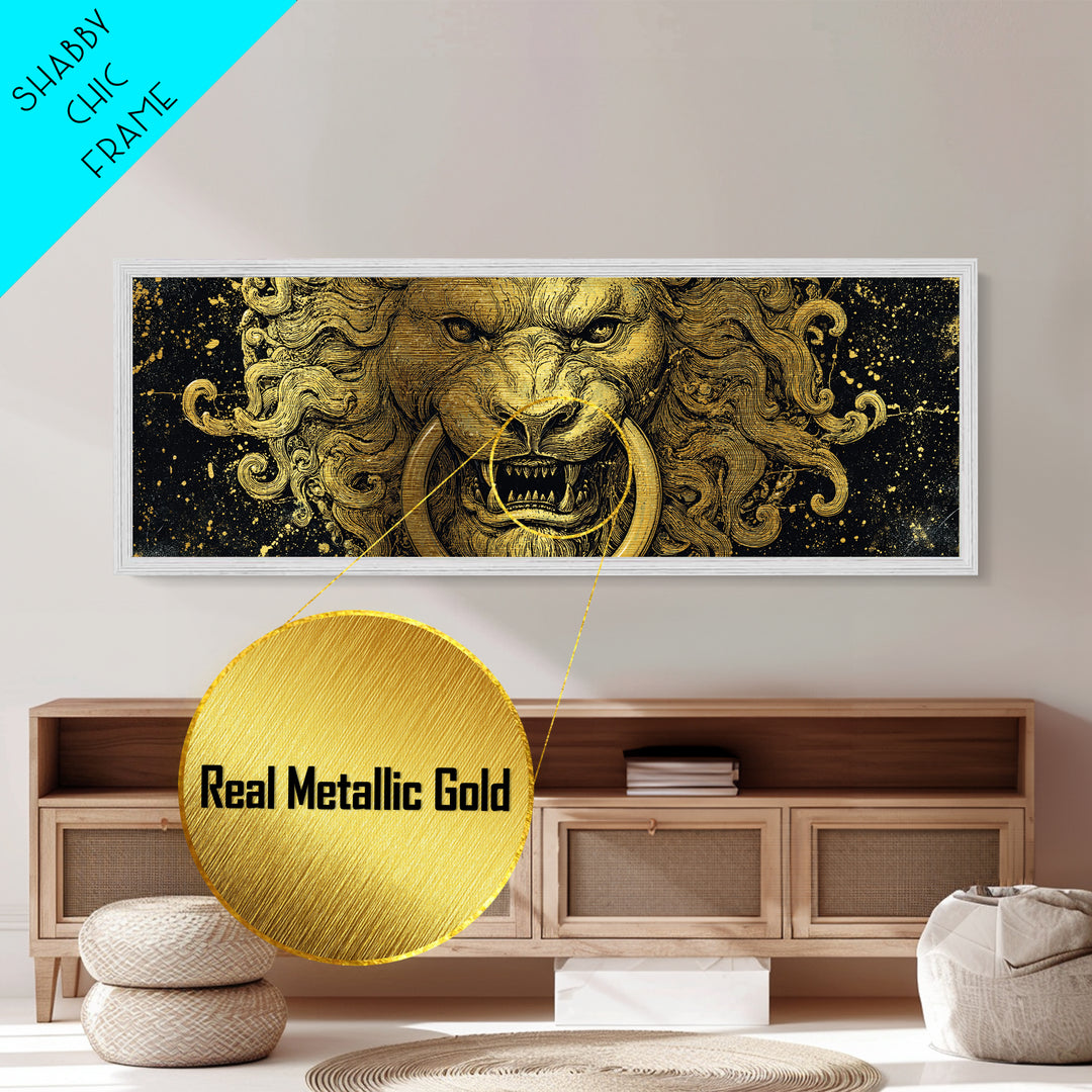 Roaring Lion Head, Fierce Mythological Beast Symbol Of Power Wall Artwork, Metallic Gold Metal Print, Real Wood Frame Wall Decor