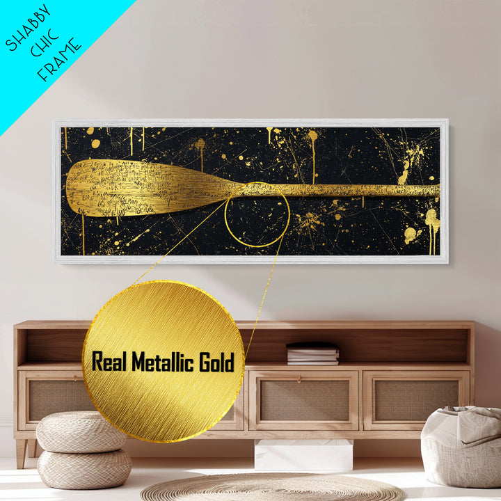 Ancient Oar Artwork, Mythological Paddle With Script Decorative Wall Design, Metallic Gold Metal Print, Real Wood Frame Wall Art