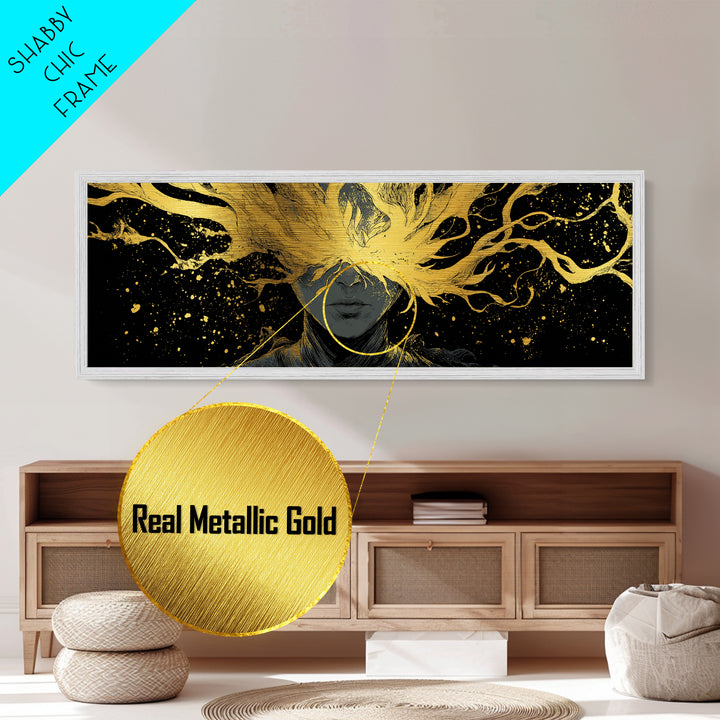 Blinded Mythological Figure, Flowing Fire Vision Symbolic Wall Artwork, Metallic Gold Metal Print, Real Wood Frame Wall Decor
