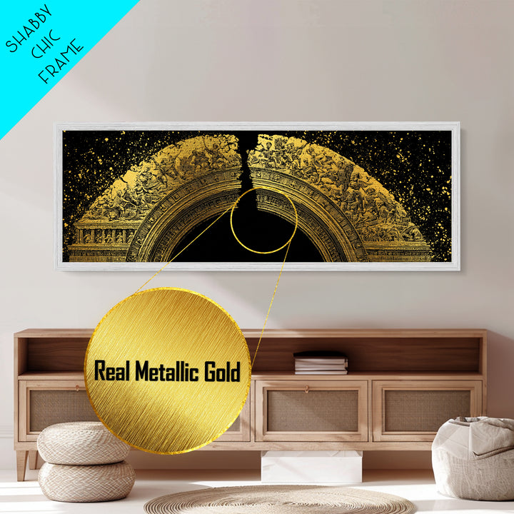 Golden Arch Of Mythology, Classical Greek Relief Sculpture Wall Decor, Metallic Gold Metal Print, Real Wood Frame