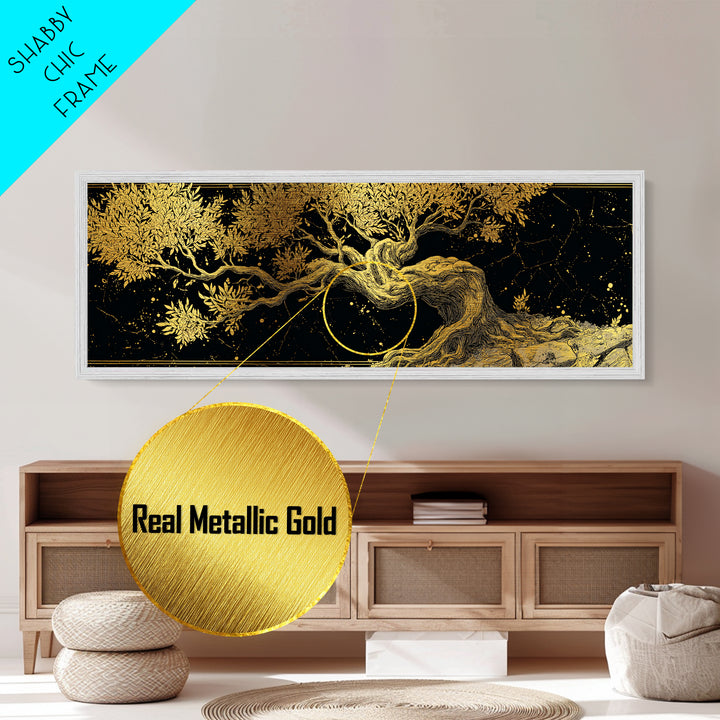 Ancient Olive Tree Artwork, Mythological Symbol Of Peace Decorative Wall Design, Metallic Gold Metal Print, Real Wood Frame Art