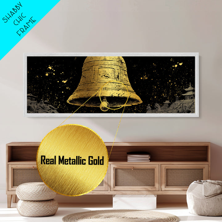 Ancient Golden Bell Artwork, Mythological Temple Scene Decorative Wall Art, Metallic Gold Metal Print, Real Wood Frame Decor