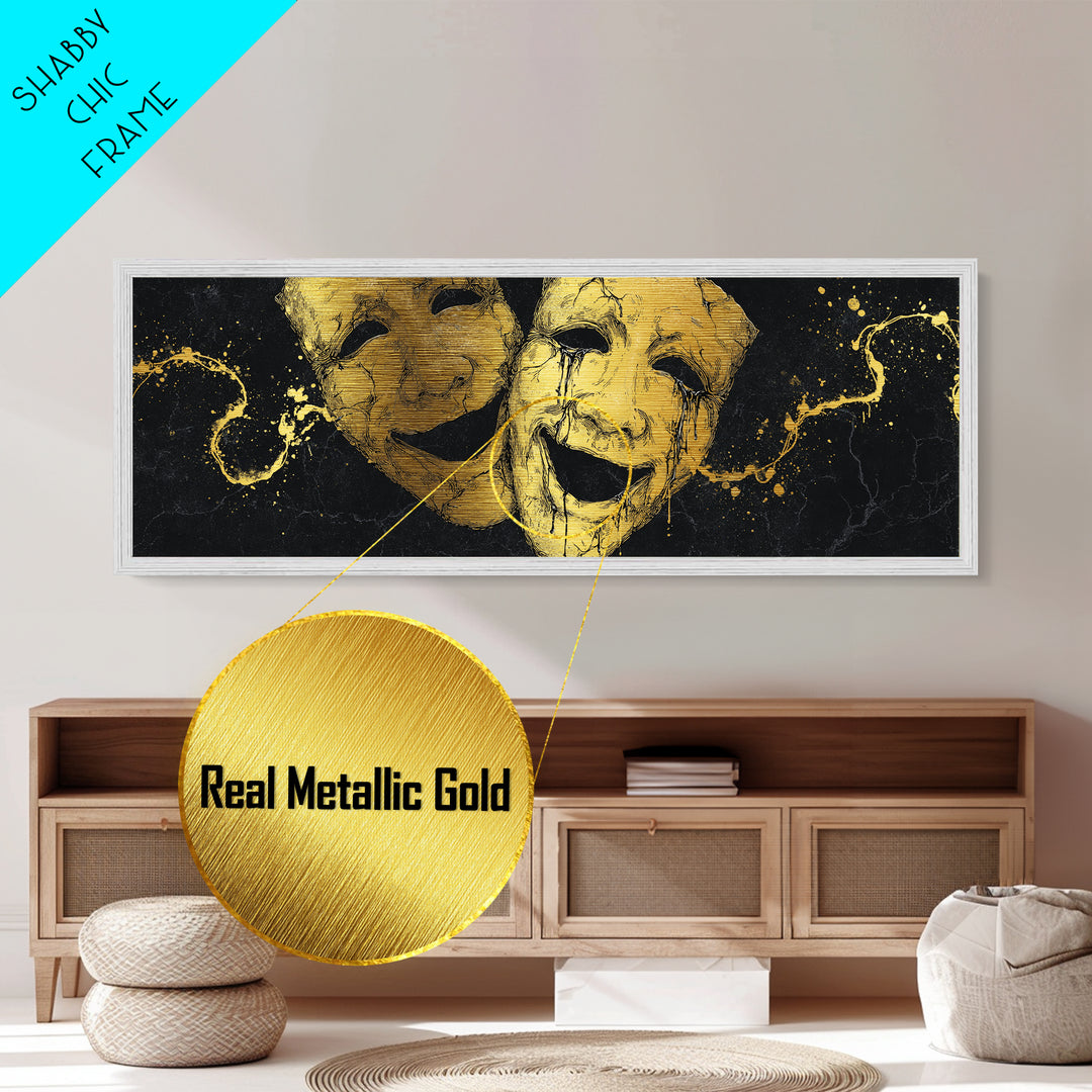 Comedy And Tragedy Masks, Ancient Greek Theater Symbolic Mythological Artwork, Metallic Gold Metal Print, Real Wood Frame Wall Art