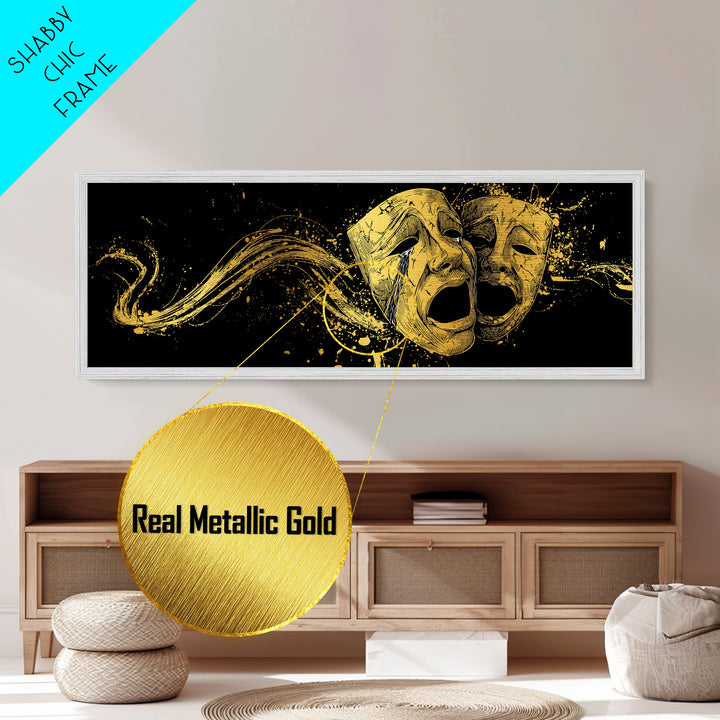 Paired Tragic Masks, Mythological Theater Symbol Decorative Wall Artwork, Metallic Gold Metal Print, Real Wood Frame Wall Decor