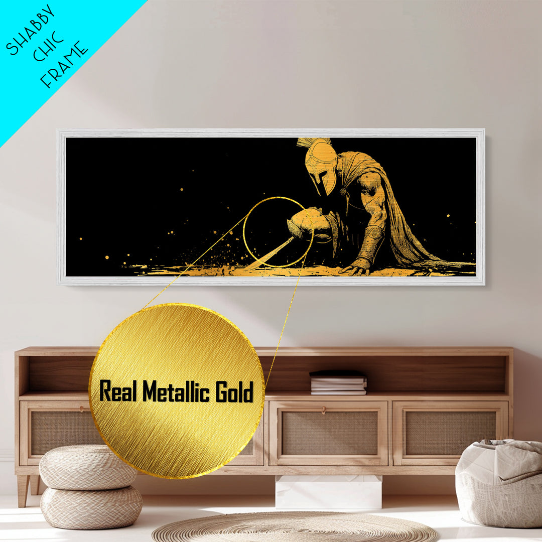 Greek Warrior Kneeling, Ancient Mythological Spartan Soldier With Spear Artwork, Metallic Gold Metal Print, Real Wood Frame Decor