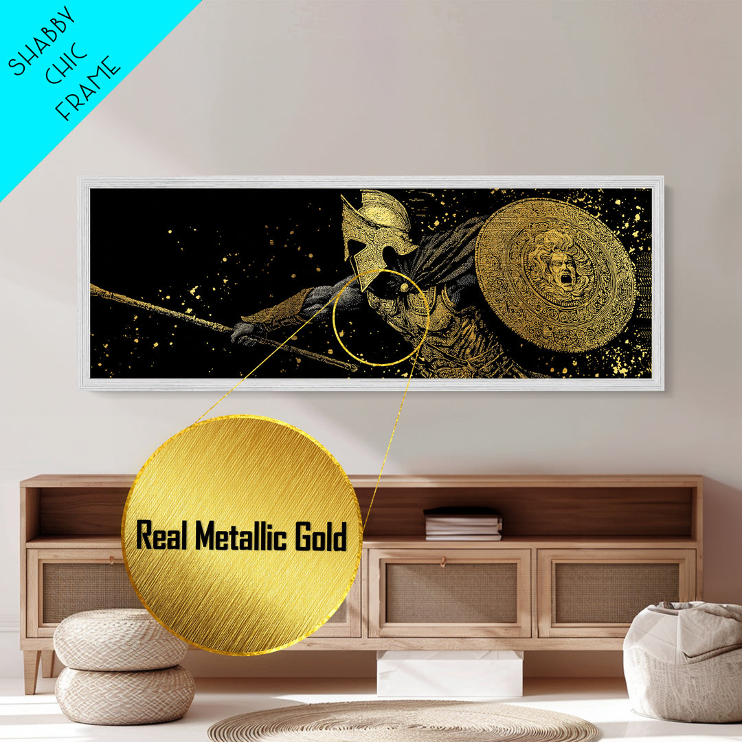 Heroic Warrior With Shield, Ancient Greek Spartan Mythological Battle Artwork, Metallic Gold Metal Print, Real Wood Frame Wall Decor