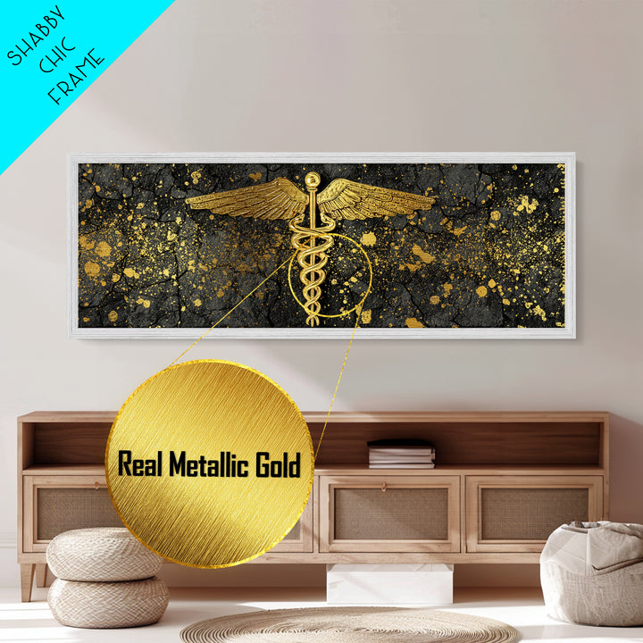 Caduceus Symbol Artwork, Ancient Mythological Medicine Emblem Decorative Wall Art, Metallic Gold Metal Print, Real Wood Frame