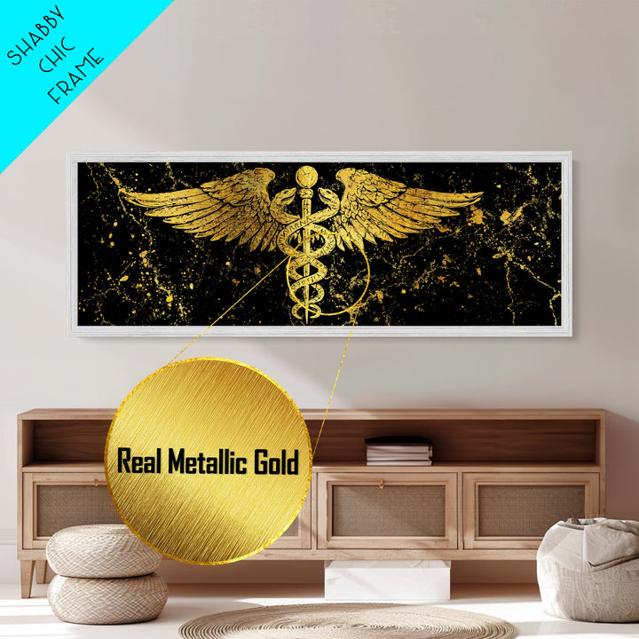 Ancient Caduceus Symbol, Winged Serpent Staff Mythological Artwork, Metallic Gold Metal Print, Real Wood Frame Wall Decor