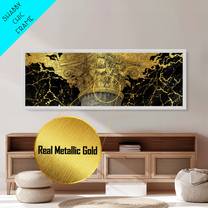 Classical Corinthian Column, Ancient Pillar Decorative Architectural Artwork, Metallic Gold Metal Print, Real Wood Frame Wall Art