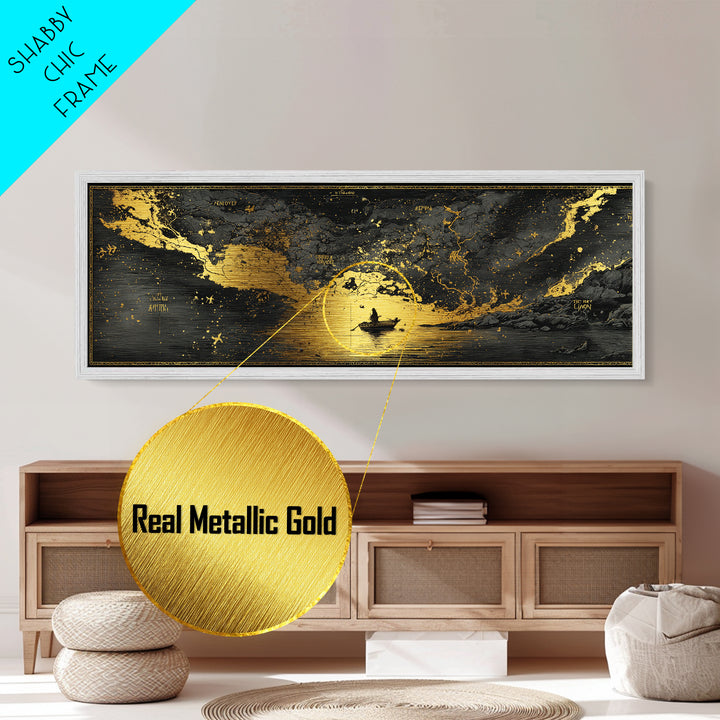 Celestial Map Artwork, Mythological Constellation And Ancient Sky Design, Metallic Gold Metal Print, Real Wood Frame Wall Decor