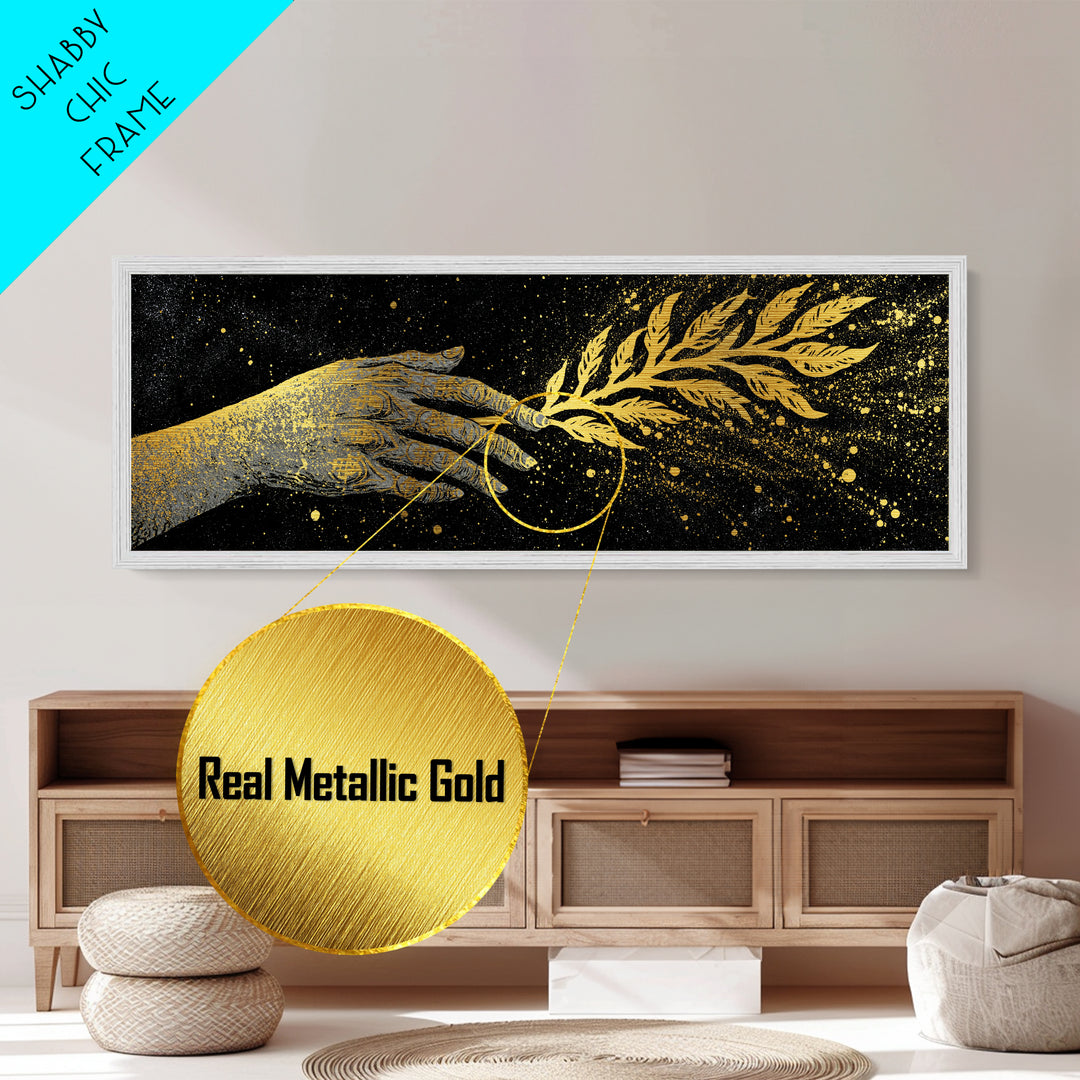 Hand With Olive Branch, Mythological Symbol Of Peace Decorative Wall Artwork, Metallic Gold Metal Print, Real Wood Frame Wall Art