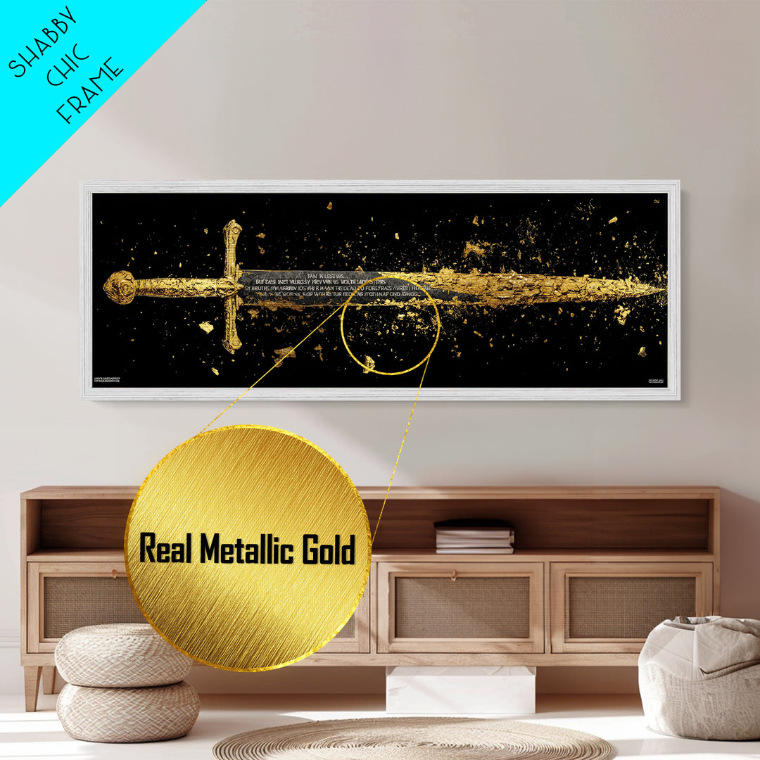 Ancient Sword Shattering, Mythological Weapon Symbolic Battle Decorative Artwork, Metallic Gold Metal Print, Real Wood Frame Wall Art