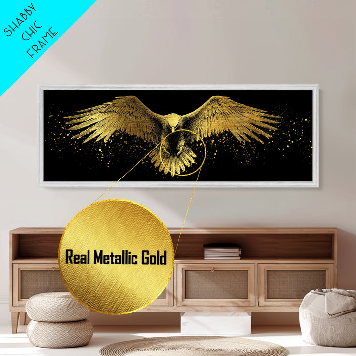 Golden Eagle In Flight, Regal Mythological Bird Wall Decor, Metallic Gold Metal Print, Real Wood Frame Art