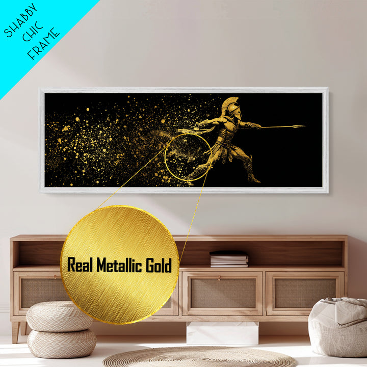 Greek Warrior Throwing Spear, Mythological Spartan Hero Battle Scene Artwork, Metallic Gold Metal Print, Real Wood Frame Wall Decor
