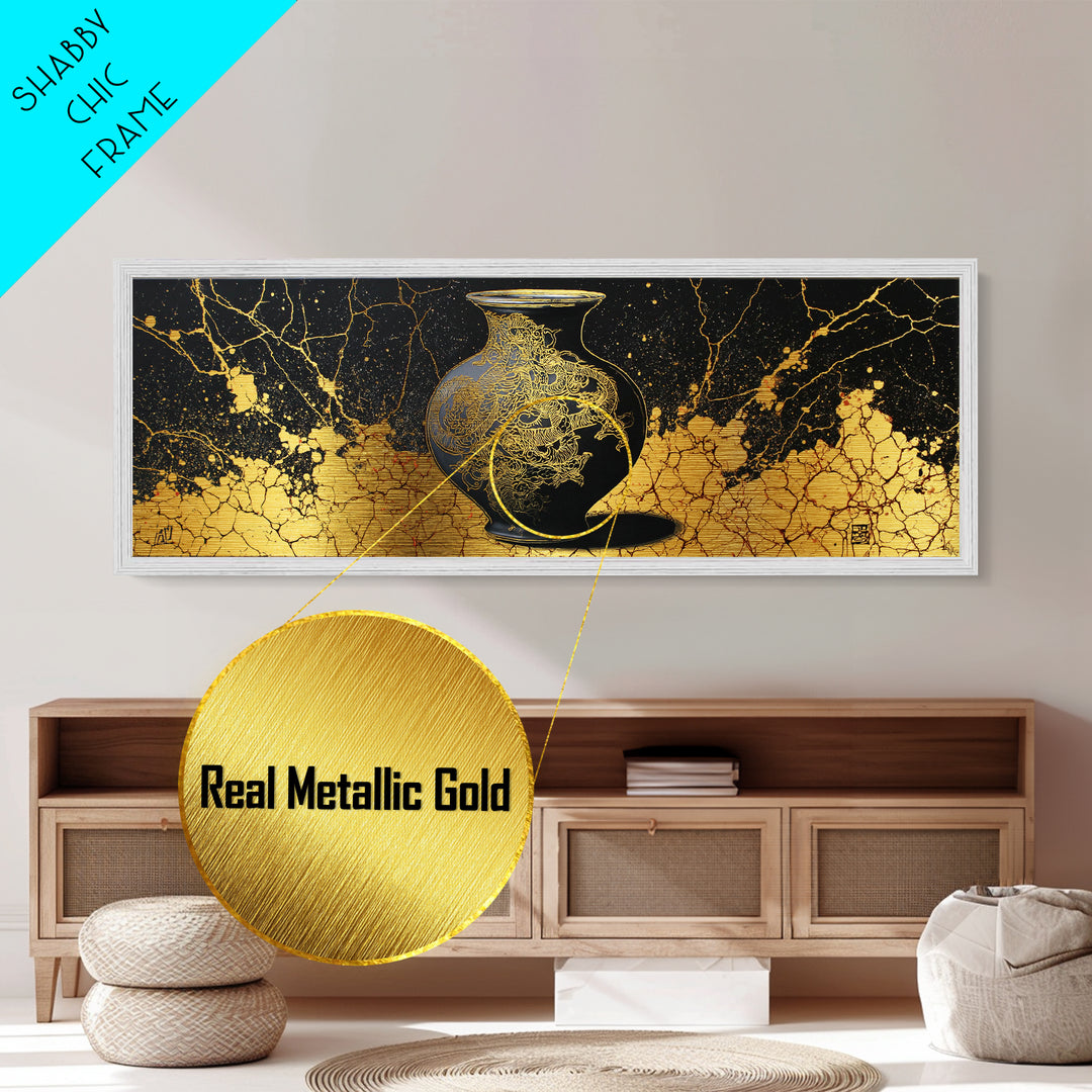 Ancient Golden Vase, Mythical Dragon Engraving Wall Decor, Metallic Gold Metal Print, Real Wood Framed Art