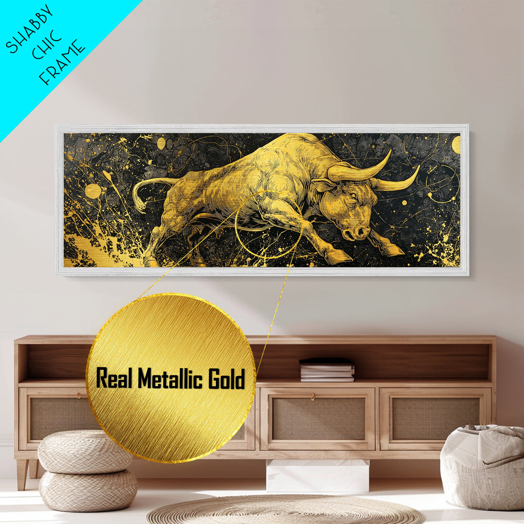 Charging Bull Artwork, Mythical Strength And Power Wall Decor, Metallic Gold Metal Print, Real Wood Frame Art