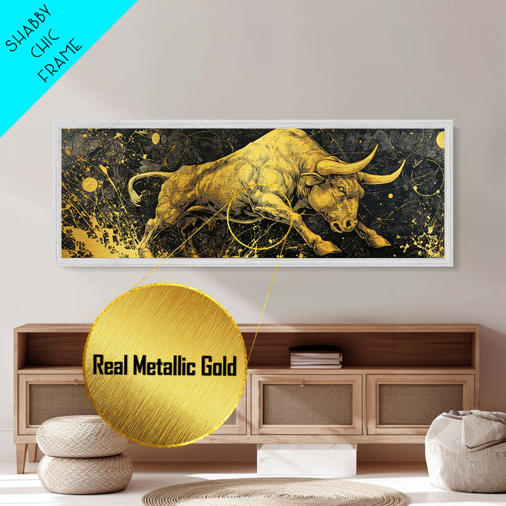 Charging Bull Artwork, Mythical Strength And Power Wall Decor, Metallic Gold Metal Print, Real Wood Frame Art