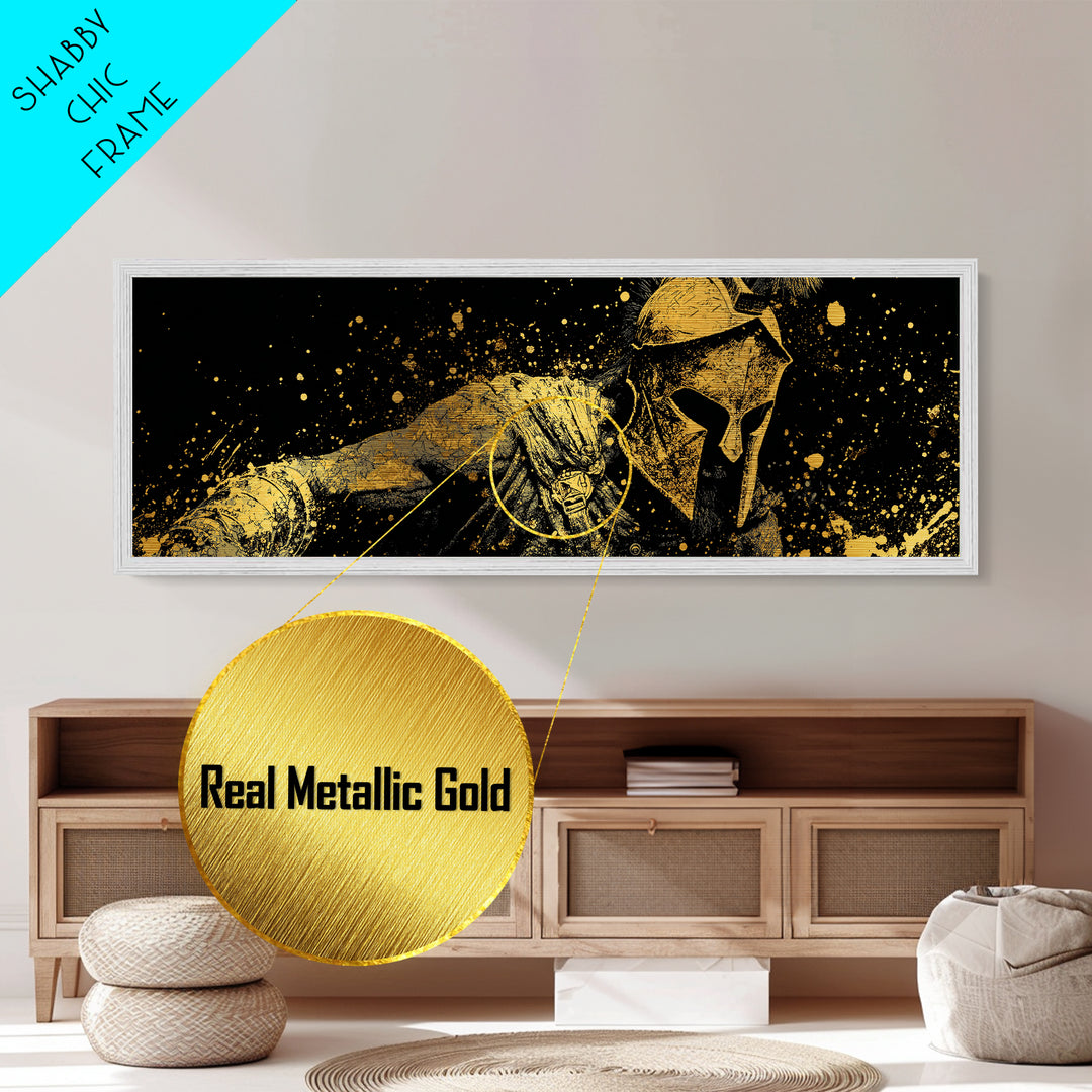 Greek Warrior With Spear, Ancient Spartan Battle Scene Decorative Wall Artwork, Metallic Gold Metal Print, Real Wood Frame Wall Art