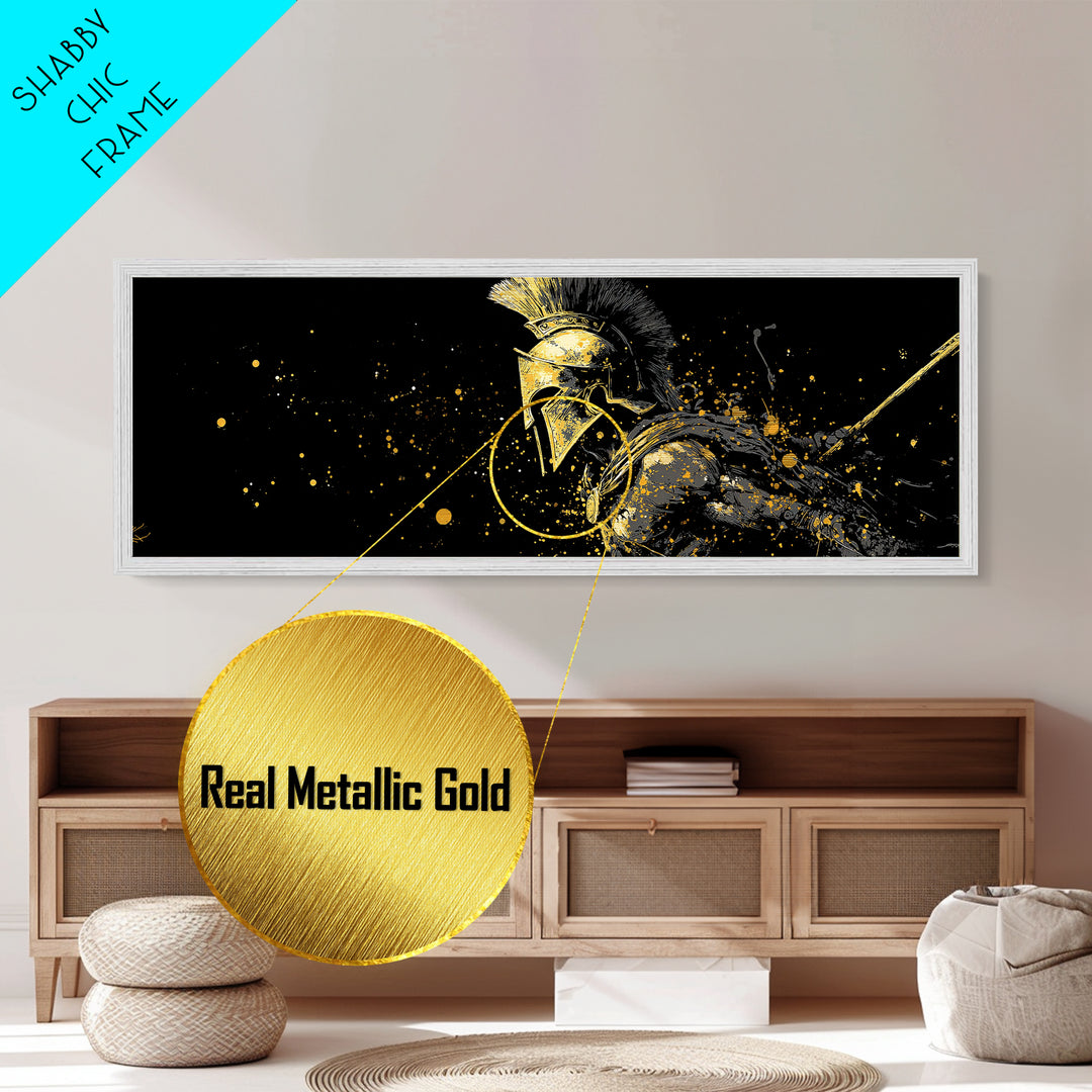 Greek Warrior In Battle Stance, Mythological Spartan Hero Decorative Artwork, Metallic Gold Metal Print, Real Wood Frame Wall Art