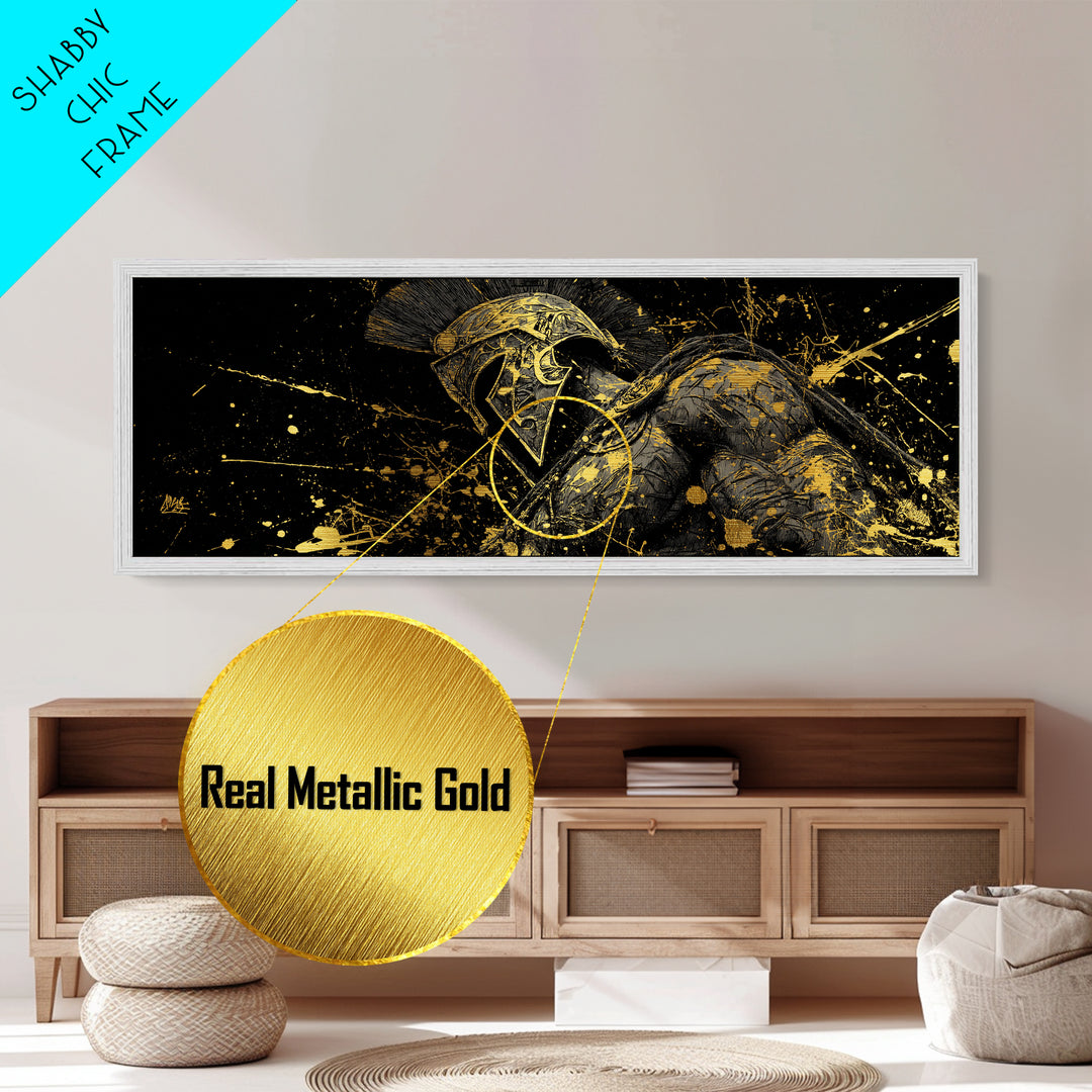 Detailed Spartan Helmet, Ancient Greek Mythological Warrior Decorative Artwork, Metallic Gold Metal Print, Real Wood Frame Wall Art