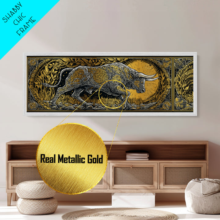 Ornamental Bull Design, Mythical Strength Symbol Wall Decor, Metallic Gold Metal Print, Real Wood Framed Art