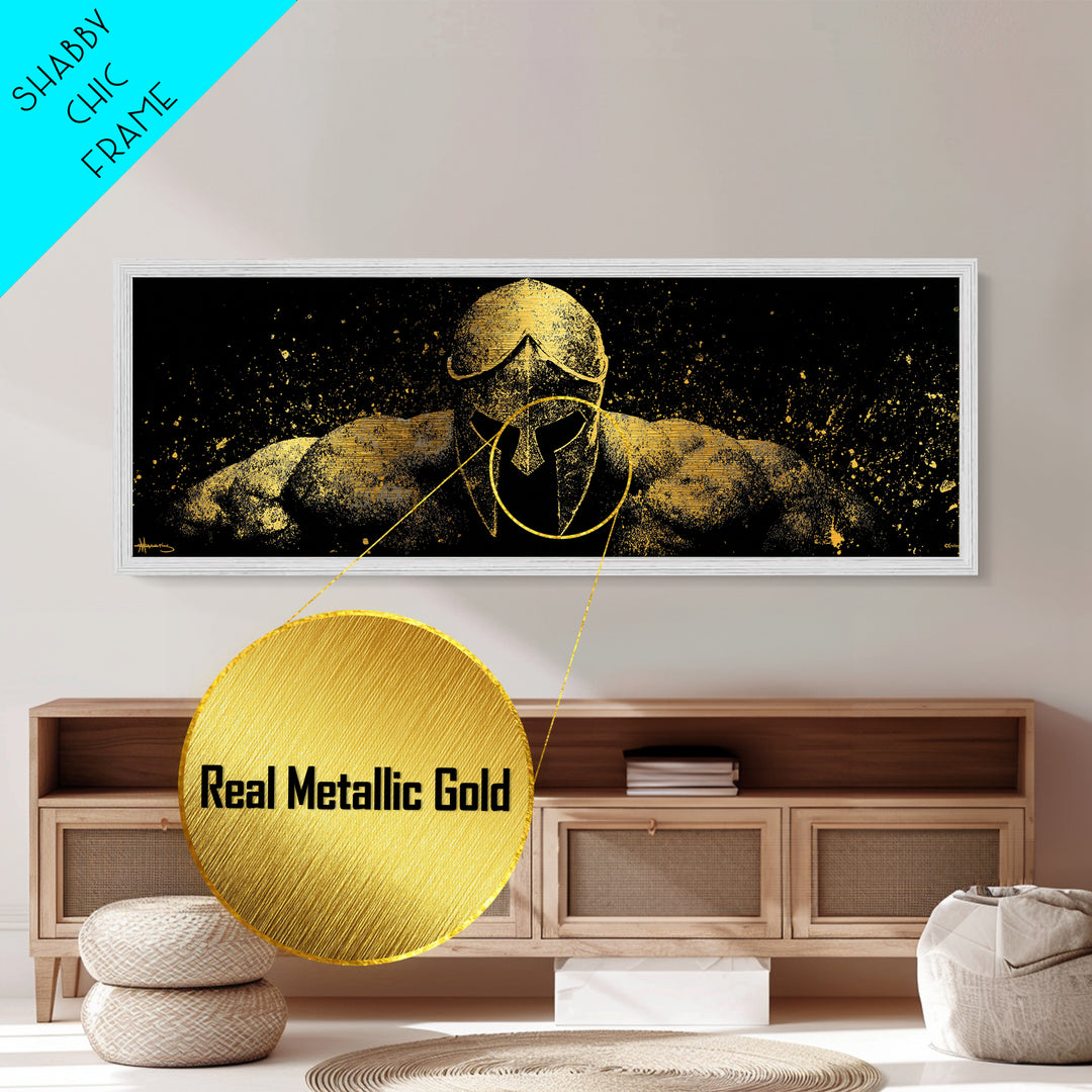 Spartan Warrior Front View, Ancient Greek Helmet Strength Symbol Decorative Artwork, Metallic Gold Metal Print, Real Wood Frame Art