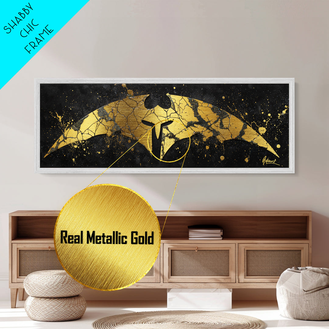 Spartan Helmet Emblem, Abstract Mythology Symbol Decorative Artwork, Metallic Gold Metal Print, Real Wood Frame Warrior Wall Art