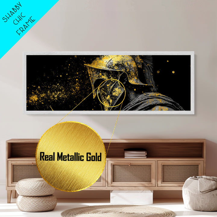 Greek Warrior Face Close Up, Spartan Helmet Intense Gaze Decorative Artwork, Metallic Gold Metal Print, Real Wood Frame Wall Art