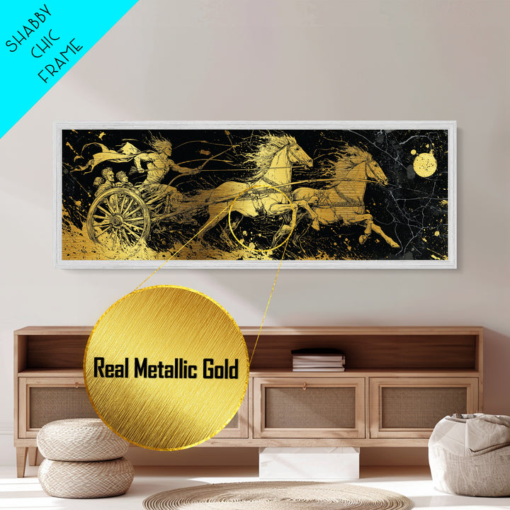 Ancient Chariot Rider, Mythical Warrior Battle Scene Wall Decor, Metallic Gold Metal Print, Real Wood Frame Art