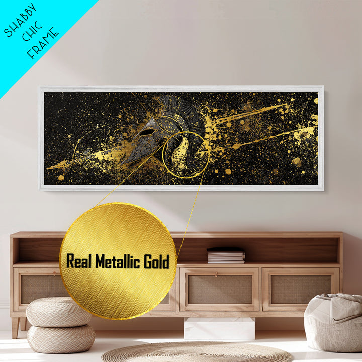 Spartan Helmet Splatter Artwork, Ancient Greek Warrior Mythological Symbol Decorative Art, Metallic Gold Metal Print, Real Wood Frame