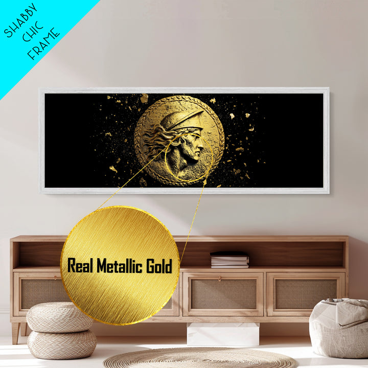 Ancient Greek Coin Relief Portrait, Historical Mythology Metallic Gold Metal Print, Classical Wall Art, Real Wood Frame