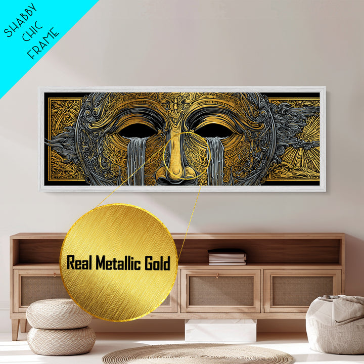 Mythical Golden Mask Illustration, Surreal Greek Inspired Metallic Gold Metal Print, Fantasy Wall Art, Real Wood Frame